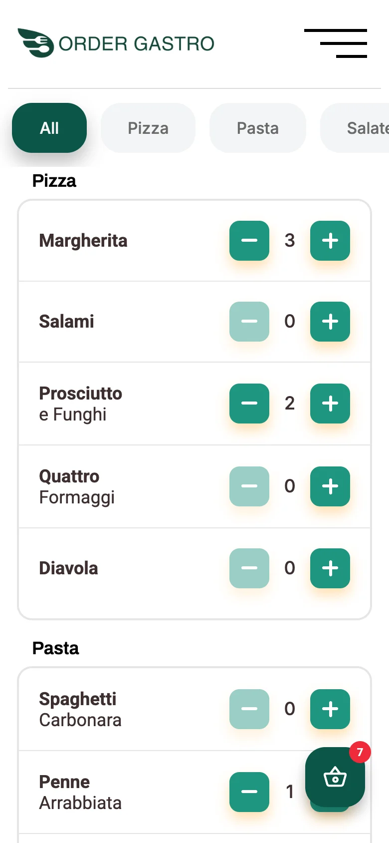 Bestell-App auf dem Handy mit Speisekarte
